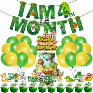 Jungle Theme 4th Month Birthday Decoration Kids,I AM 4th Month Birthday Banner with Latex Balloons, Cake Topper and Cup Cake Topper (Pack of 37)