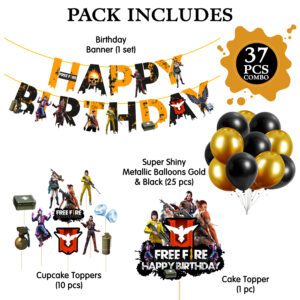 Free Fire Happy Birthday Decoration Banner with Latex Balloons, Cake Topper and Cup Cake Topper (Pack of 37)