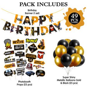 Free Fire Theme Party Supplies for Boy Birthday Decorations Favors With Banner,Photo Booth and Balloons( pack of 49)