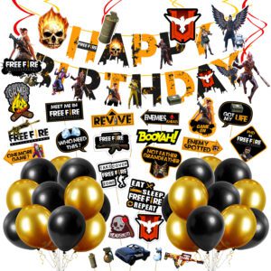 Free Fire Theme Party Supplies for Boy Birthday Decorations Favors with Banner,Photo Booth, Hanging Swirls, and Balloons( Pack of 55)
