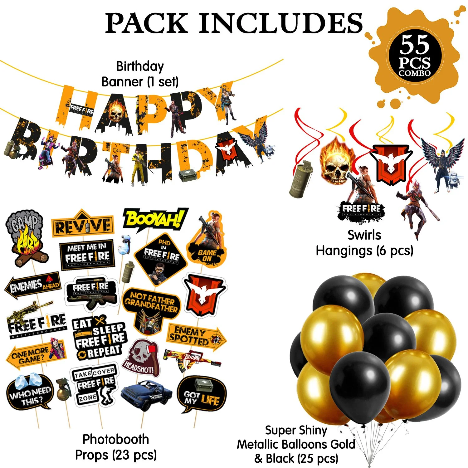 Free Fire Theme Party Supplies for Boy Birthday Decorations Favors with Banner,Photo Booth, Hanging Swirls, and Balloons( Pack of 55) - Image 2