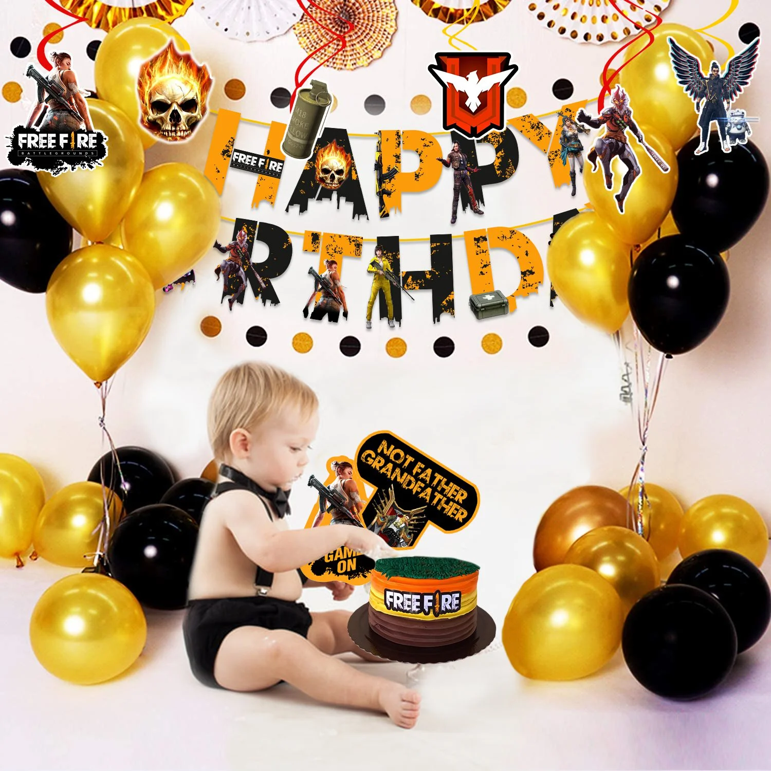 Free Fire Theme Party Supplies for Boy Birthday Decorations Favors with Banner,Photo Booth, Hanging Swirls, and Balloons( Pack of 55) - Image 9
