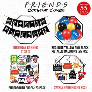 Friend Party Decorations Include Happy Birthday Banners, Friend Banner, Latex Balloons, Friend Photo Booth Props,Friend Swirls (PACK OF 55)