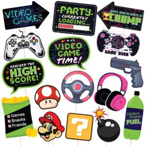 Game Zone – Pixel Video Game Party or Birthday Party Photo Booth Props Kit – 16 Count
