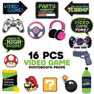 Game Zone – Pixel Video Game Party or Birthday Party Photo Booth Props Kit – 16 Count