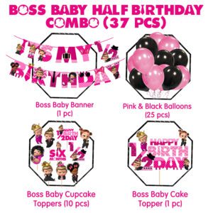 Baby Girl’s Boss Half Birthday Decorations Favors with Banner,Cake Topper , Cup Cake Topper and Balloons( Pack of 37)