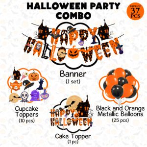 Halloween Balloons Banner Decorations Happy Halloween Banner, Black Orange Balloons Set with Cake And Cup Cake Topper