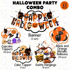 Halloween Decorations Happy Halloween Banner, Black Orange Balloons Set with Cake Swirls And Cup Cake Topper for Halloween Theme