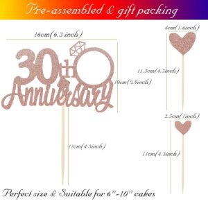 Rose Gold Glitter 30th Anniversary Cake Topper with Diamond Ring Heart Cake Decorations Pack of 5