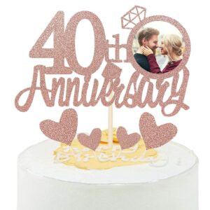 Rose Gold Glitter 40th Anniversary Cake Topper with Diamond Ring Heart Cake Decoration Pack of 5