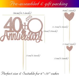 Rose Gold Glitter 40th Anniversary Cake Topper with Diamond Ring Heart Cake Decoration Pack of 5