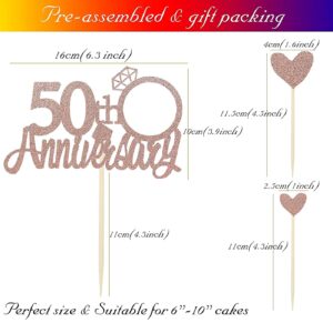 Rose Gold Glitter 50th Anniversary Cake Topper with Diamond Ring Heart Cake Decoration Pack of 5