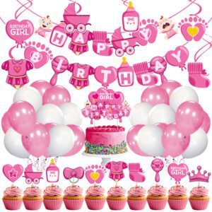 Baby Girl Birthday Decoration Happy Birthday Banner , Cake Topper, Cup Cake Topper, Hanging Swirls and Balloon (Pack Of 43)