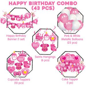 Baby Girl Birthday Decoration Happy Birthday Banner , Cake Topper, Cup Cake Topper, Hanging Swirls and Balloon (Pack Of 43)