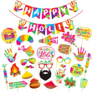Happy Holi Decoration Combo Photo Booth Props+1 Set Happy Holi Banner,Holi Decoration (Pack of 28)