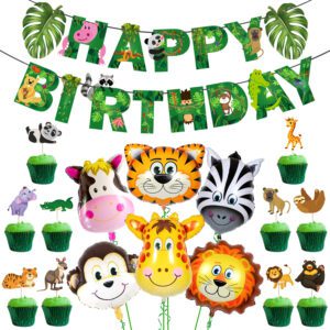 Jungle Safari Happy Birthday Decoration Kids Banner with Latex Balloons, Cake Topper and Cup Cake Topper for (Pack of 17)