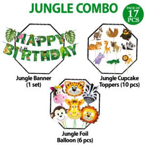 Jungle Safari Happy Birthday Decoration Kids Banner with Latex Balloons, Cake Topper and Cup Cake Topper for (Pack of 17)