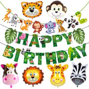 Jungle Safari Happy Birthday Decoration Kids Banner with Character Banner And Foil Balloons (Pack of 8)