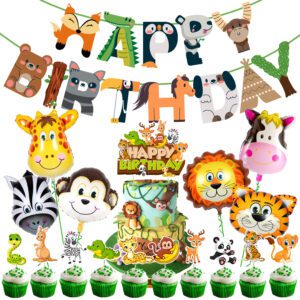 Jungle Safari Happy Birthday Decoration Kids Banner with Foil Balloons, Cake Topper and Cup Cake Topper for (Pack of 18)