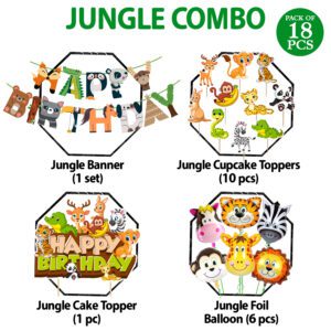 Jungle Safari Happy Birthday Decoration Kids Banner with Foil Balloons, Cake Topper and Cup Cake Topper for (Pack of 18)