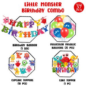 Little Monster Birthday Decorations Monster Banner Balloons Cupcake and Cake Toppers (Pack of 37)