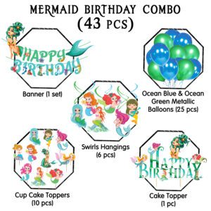 Mermaid Party Supplies Included Happy Birthday Banner/Balloons/Hanging Swirl Decors/Cake Topper/Cup Cake Topper. (Pack of 43)