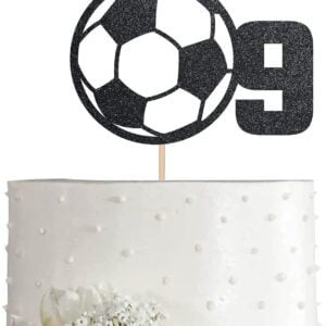 Soccer 9th Birthday Cake Topper Black Glitter Sport Boy Girl 9 Years Birthday Party Supplies, Decorations