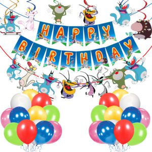 Oggy & The Cockroaches Birthday Include Happy Birthday Banner, Character Banner ,Swirls and Balloon, Party Favors for Kids (Pack of 33)