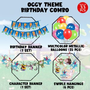 Oggy & The Cockroaches Birthday Include Happy Birthday Banner, Character Banner ,Swirls and Balloon, Party Favors for Kids (Pack of 33)