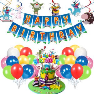 Oggy & the Cockroaches Happy Birthday Banner, Cake Topper ,Swirls and Balloon (Pack of 33)