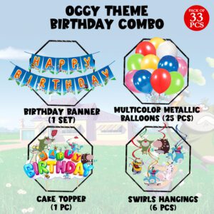 Oggy & the Cockroaches Happy Birthday Banner, Cake Topper ,Swirls and Balloon (Pack of 33)