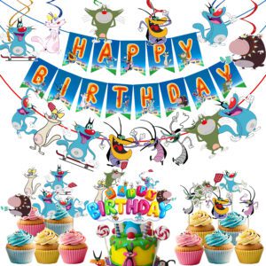 Oggy & the Cockroaches Birthday Decoration Include Happy Birthday Banner, Character Banner ,Swirls,Cake Topper, Cupcake Topper, Party Favors for Kids (Pack of 19)