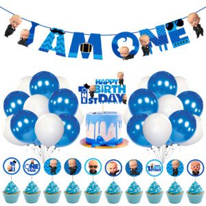 Boss Baby 1st Birthday for Boys with Happy Birthday Banner Cake Topper Cupcake Toppers Balloons(Pack of 37)