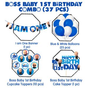 Boss Baby 1st Birthday for Boys with Happy Birthday Banner Cake Topper Cupcake Toppers Balloons(Pack of 37)