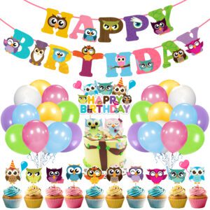Owl Birthday Decorations Banner, Cake Toppers, Cupcake Toppers And Balloons (Pack of 37)