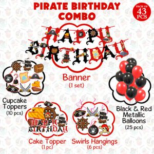 Pirate Birthday Party Decoration Banner Cake Cupcake Toppers Balloons and Hanging Swirls (Pack of 43)