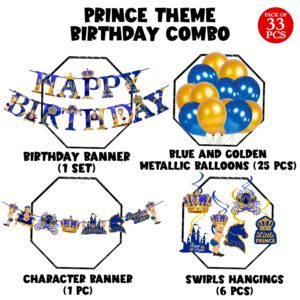 Little Prince Birthday for Boys with Happy Birthday Banner Character Banner Hanging Swirls and Balloons(Pack of 33)