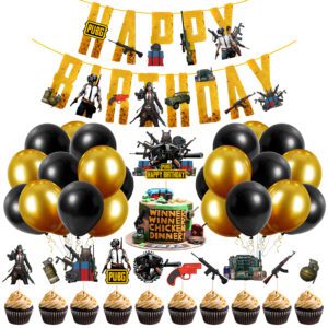Pubg Birthday Party Decoration Banner with Latex Balloons, Cake Topper and Cup Cake Topper for Boy Birthday (Pack of 37)