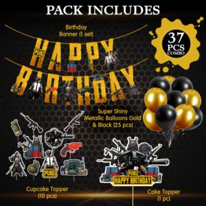 Pubg Happy Birthday Decoration, Banner with Latex Balloons, Cake Topper and Cup Cake (Pack of 37)