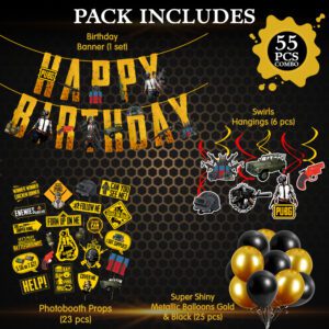 Pubg Theme Party Supplies for Boy Birthday Decorations Favors with Banner,Photo Booth, Hanging Swirls and Balloons( Pack of 55)