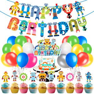 Robot Birthday Party Decorations Robot Birthday Banner Robot Cupcake Toppers Robot Cake Toppers Balloons (Pack of 37)