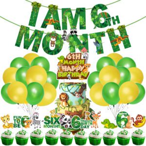 Jungle Theme 6th Month Birthday Decoration Kids,I AM 6th Month Birthday Banner with Latex Balloons, Cake Topper and Cup Cake Topper (Pack of 37)