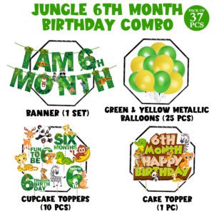 Jungle Theme 6th Month Birthday Decoration Kids,I AM 6th Month Birthday Banner with Latex Balloons, Cake Topper and Cup Cake Topper (Pack of 37)