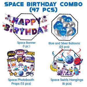 Space Birthday Party Decoration Included Happy Birthday Banner,Photo Booth, Swirls and Ballon(Pack of 47)
