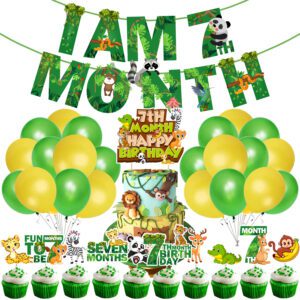 Jungle Theme 7th Month Birthday Decoration Banner with Latex Balloons, Cake Topper and Cup Cake Topper (Pack of 37)