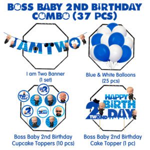 Boss Baby 2nd Birthday for Boys with Happy Birthday Banner Cake Topper Cupcake Toppers Balloons(Pack of 37)