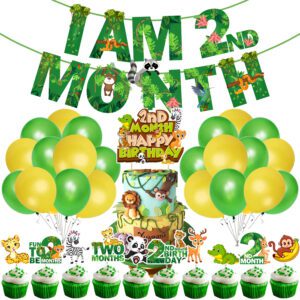 I AM 2nd Month Birthday Banner with Latex Balloons, Cake Topper and Cup Cake Topper for Baby Boy or Girl Birthday (Pack of 37)