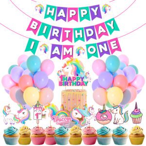 Unicorn 1st Birthday Decorations for Girls ,Cake Topper, Happy Birthday Banner,I Am One Banner ,Cup Cake Topper & Pastel Balloons 38 Pcs