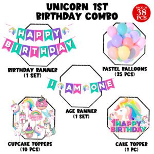 Unicorn 1st Birthday Decorations for Girls ,Cake Topper, Happy Birthday Banner,I Am One Banner ,Cup Cake Topper & Pastel Balloons 38 Pcs