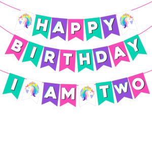 Unicorn 2nd Birthday Decoration Happy Birthday Banner & I Am Two Banner (Pack of 2)